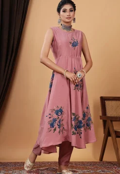 Hand Painted Modal Silk Anarkali Suit in Old Rose