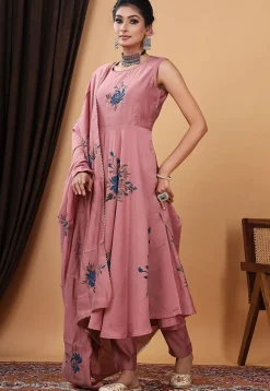 Hand Painted Modal Silk Anarkali Suit in Old Rose