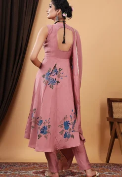 Hand Painted Modal Silk Anarkali Suit in Old Rose