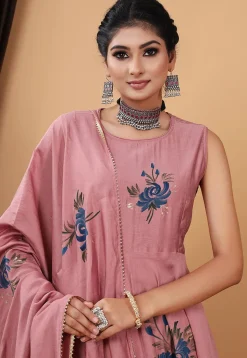 Hand Painted Modal Silk Anarkali Suit in Old Rose