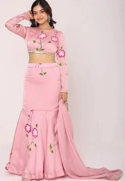 Hand Painted Satin Lehenga in Pink