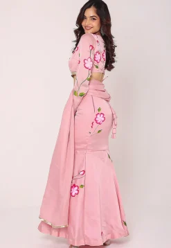 Hand Painted Satin Lehenga in Pink