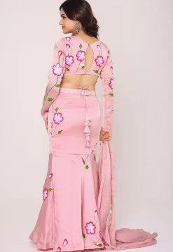 Hand Painted Satin Lehenga in Pink