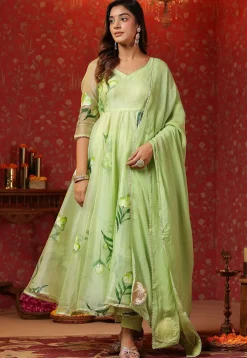 Hand Printed Organza Aline Suit in Light Green