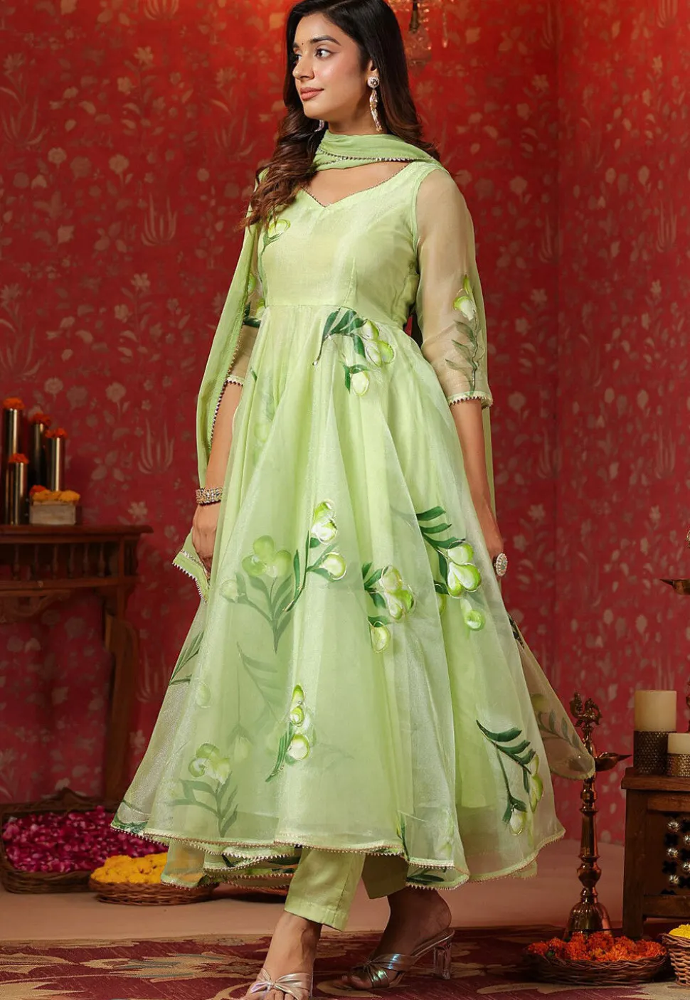 Hand Printed Organza Aline Suit in Light Green
