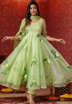 Hand Printed Organza Aline Suit in Light Green