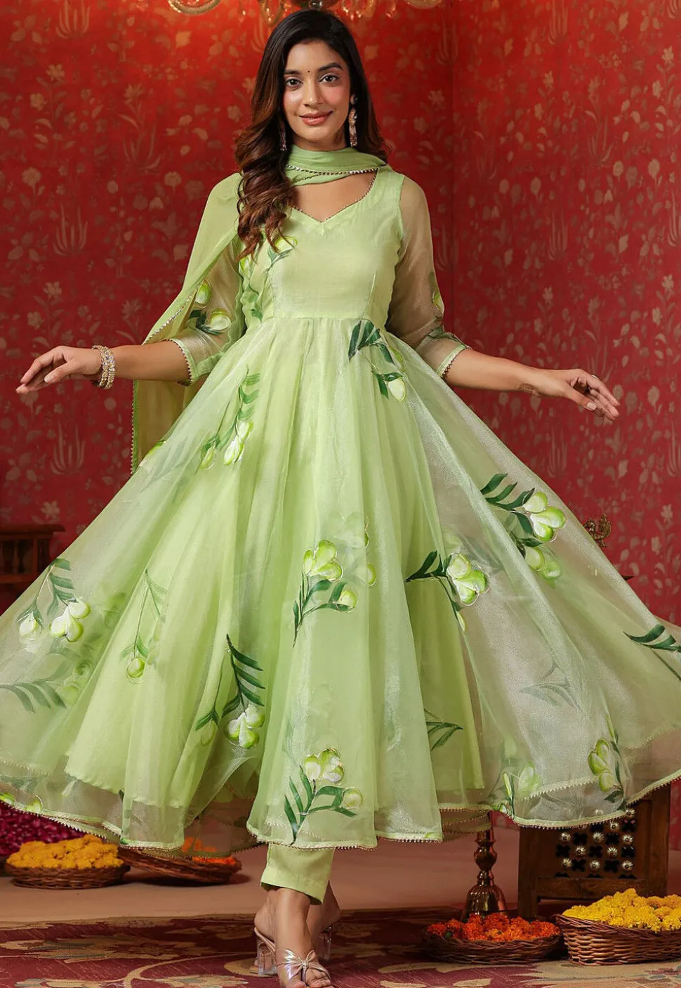 Hand Printed Organza Aline Suit in Light Green