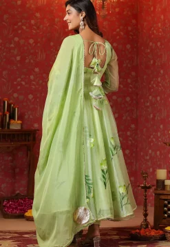 Hand Printed Organza Aline Suit in Light Green