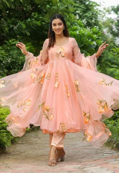 Hand Printed Organza Aline Suit in Peach