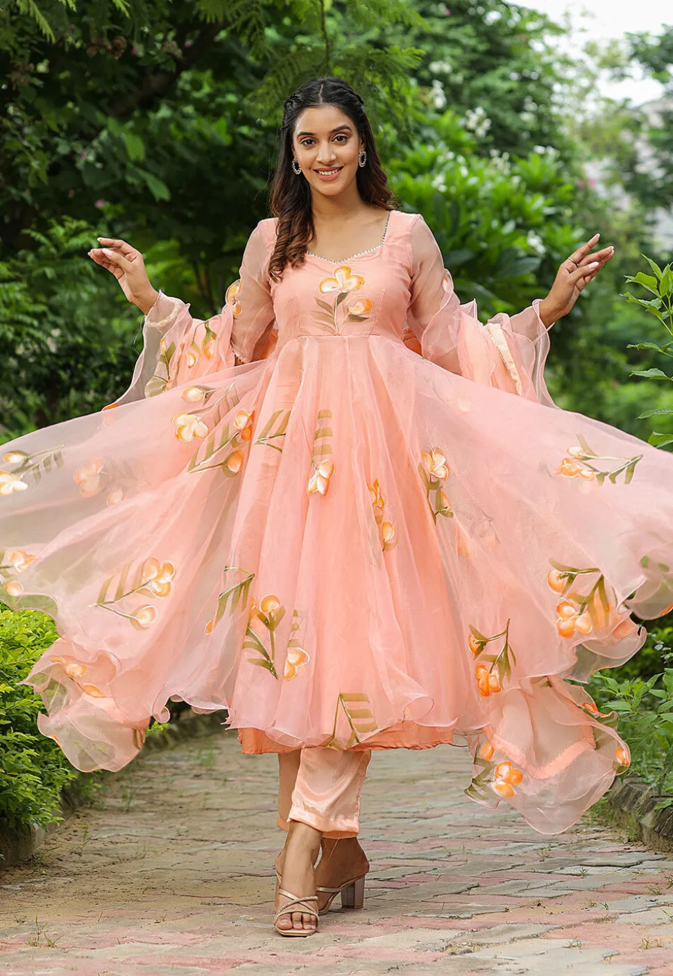 Hand Printed Organza Aline Suit in Peach
