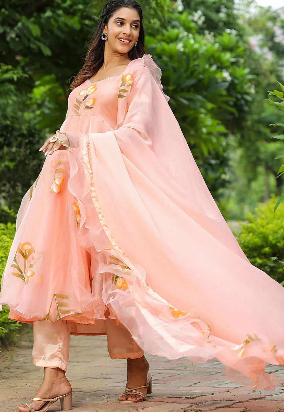 Hand Printed Organza Aline Suit in Peach