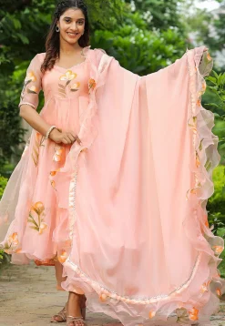 Hand Printed Organza Aline Suit in Peach