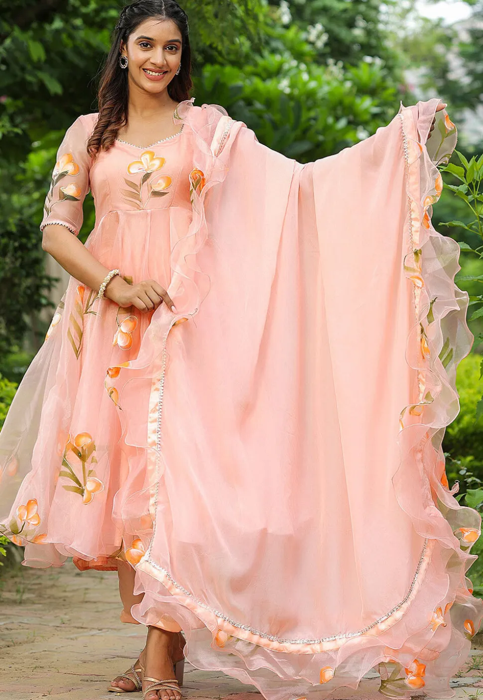 Hand Printed Organza Aline Suit in Peach
