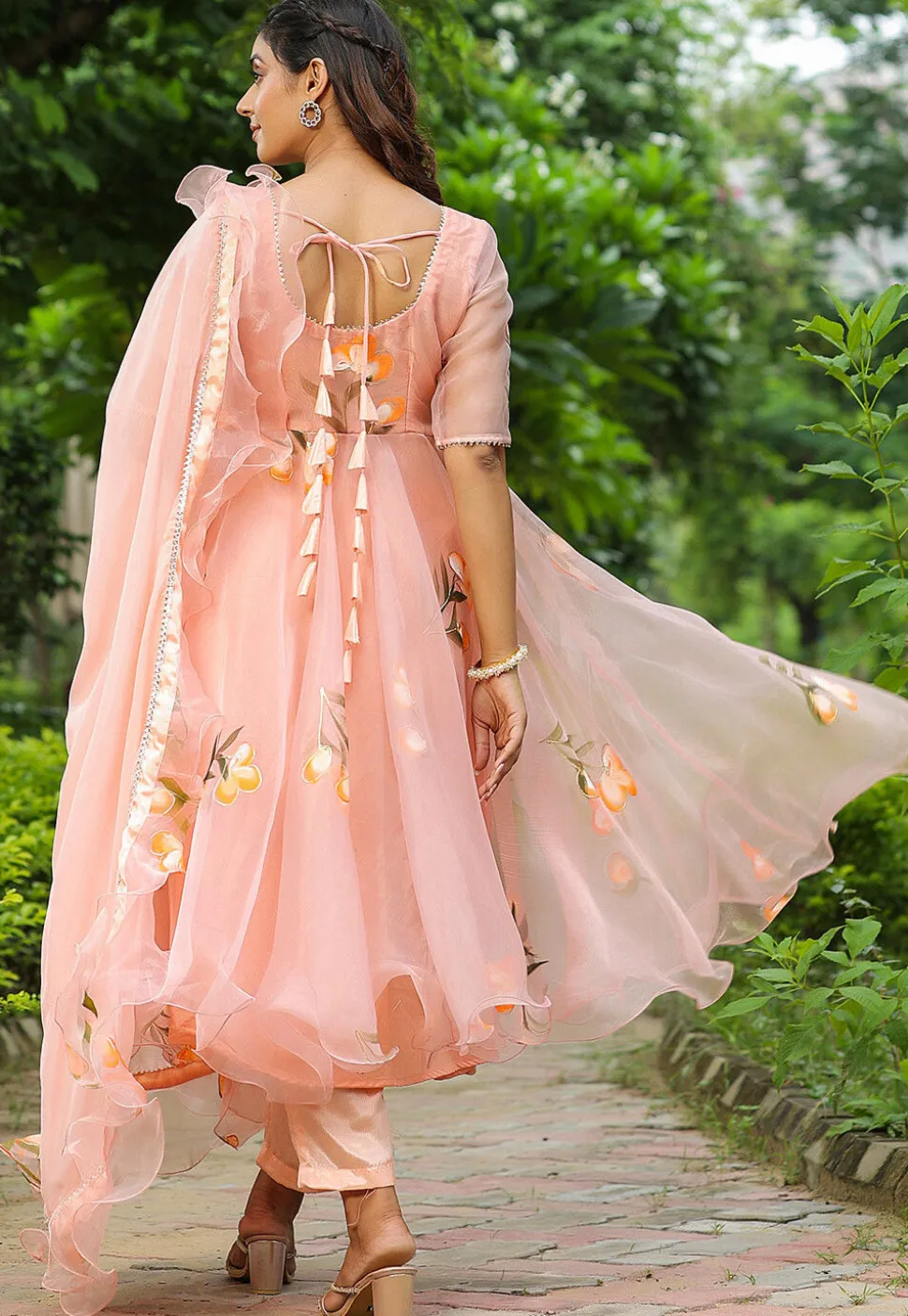 Hand Printed Organza Aline Suit in Peach