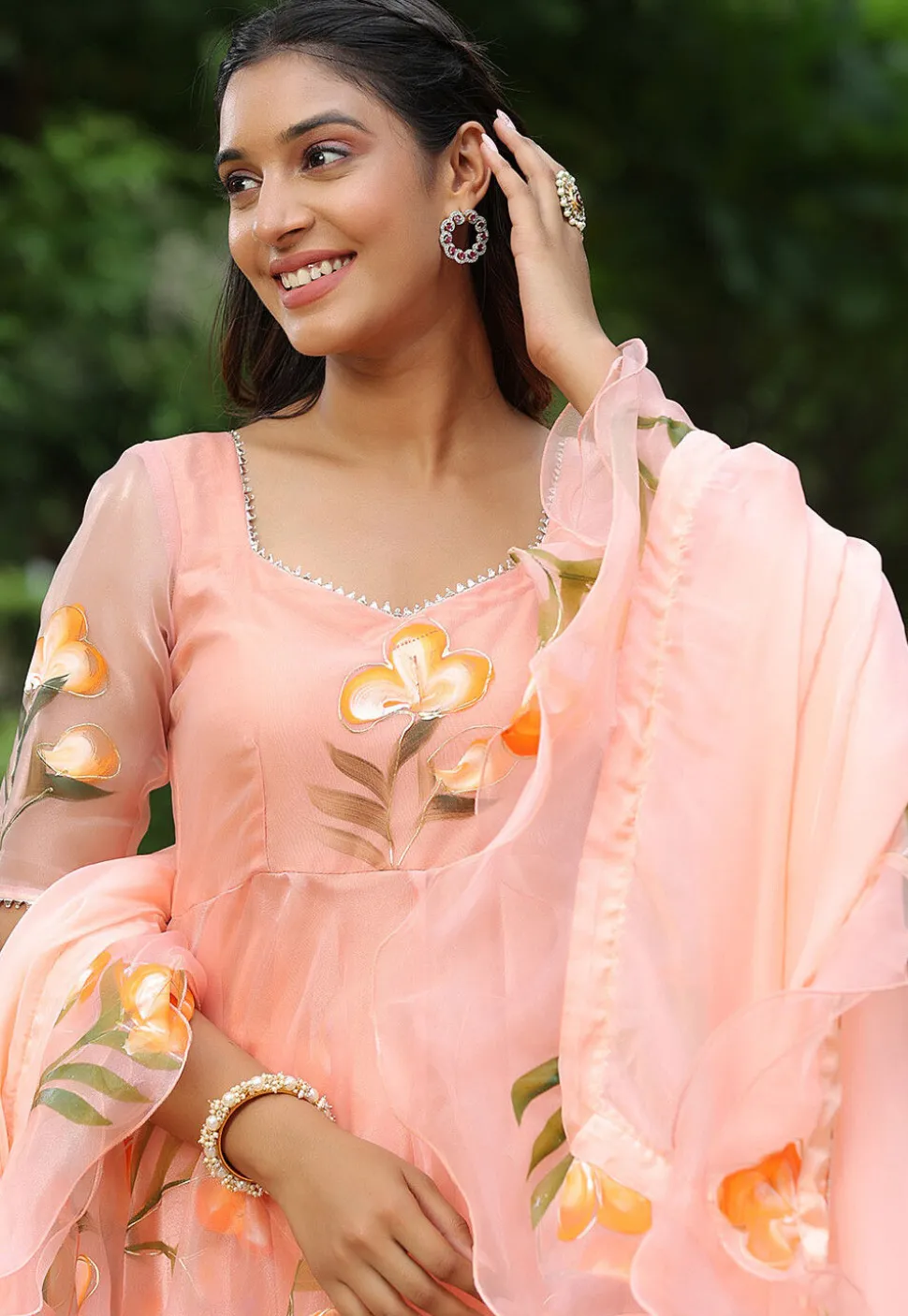 Hand Printed Organza Aline Suit in Peach