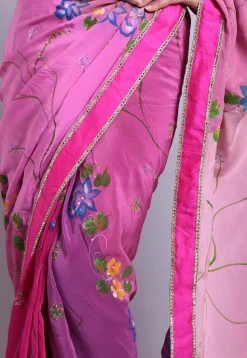 Hand Printed Pure Crepe Saree in Shaded Pink and Purple