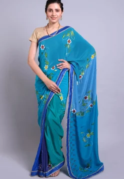 Hand Printed Pure Crepe Saree in Teal Blue