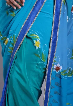 Hand Printed Pure Crepe Saree in Teal Blue