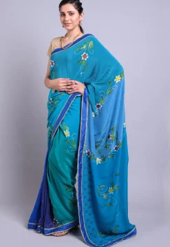 Hand Printed Pure Crepe Saree in Teal Blue