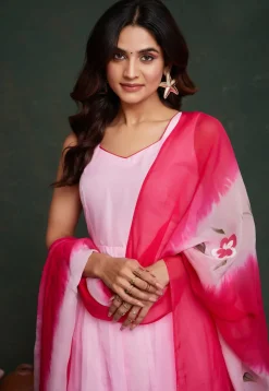 Hand Printed Viscose Silk Anarkali Suit in Light Pink