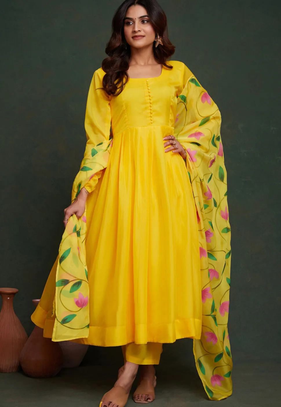 Hand Printed Viscose Silk Anarkali Suit in Yellow