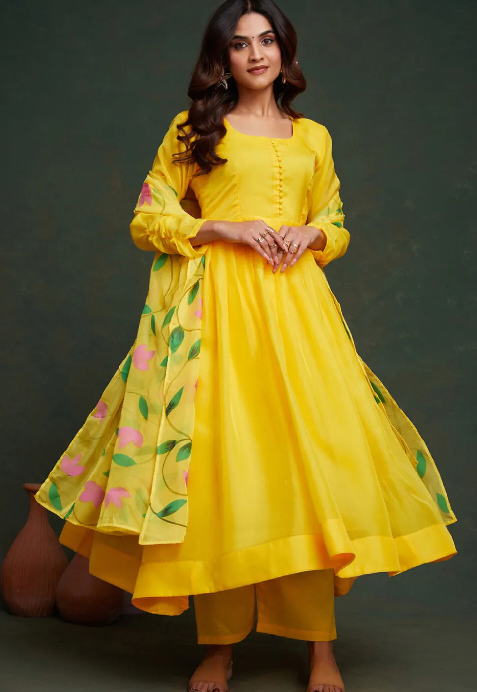 Hand Printed Viscose Silk Anarkali Suit in Yellow