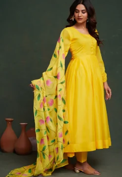 Hand Printed Viscose Silk Anarkali Suit in Yellow