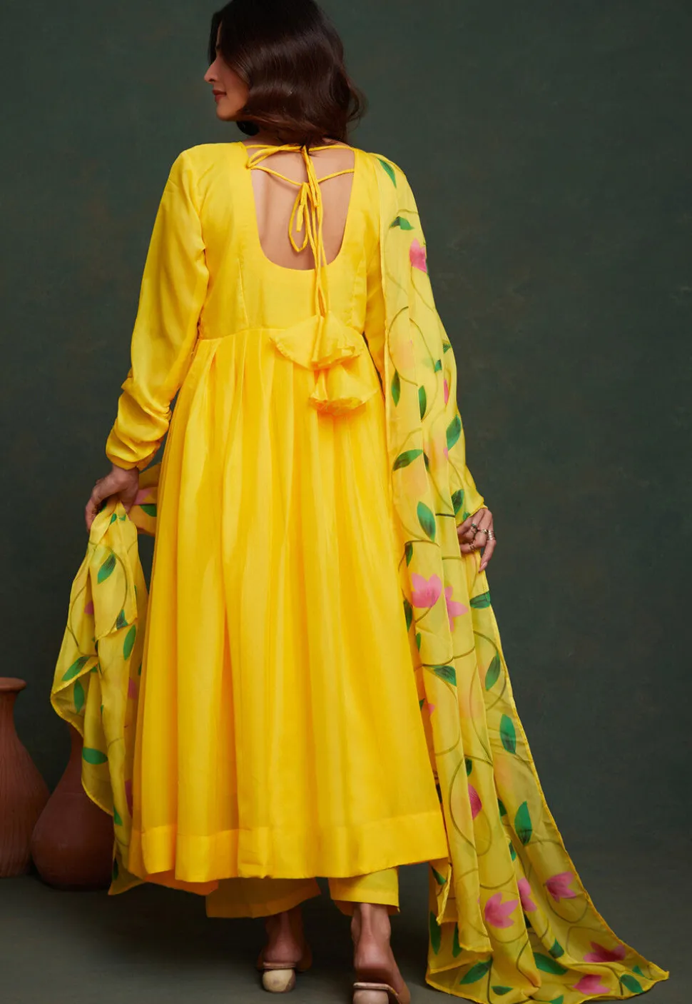 Hand Printed Viscose Silk Anarkali Suit in Yellow