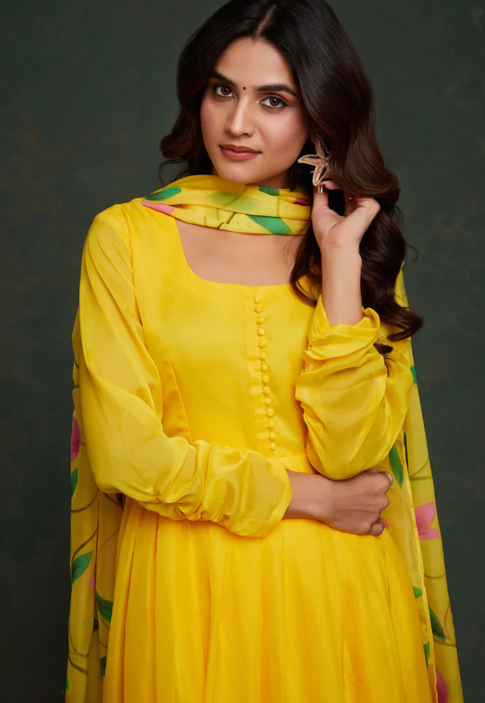 Hand Printed Viscose Silk Anarkali Suit in Yellow