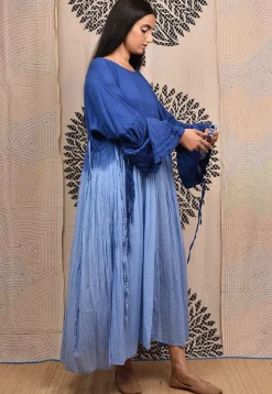 Hand Tie Dyed Pure Cotton Maxi Dress in Ombre Blue