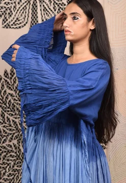 Hand Tie Dyed Pure Cotton Maxi Dress in Ombre Blue