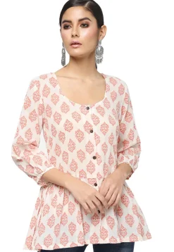 Handloom Block Printed Pure Cotton Tunic in Off White