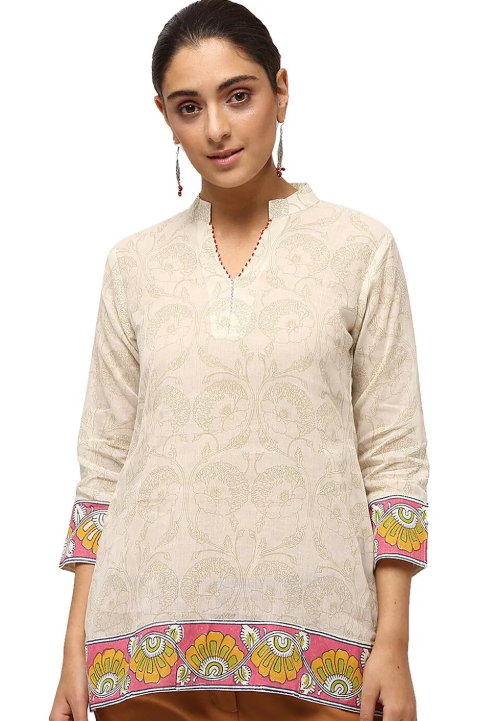 Handloom Block Printed Pure Cotton Tunic in Off White