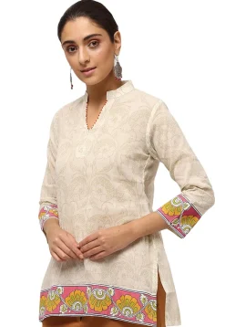 Handloom Block Printed Pure Cotton Tunic in Off White