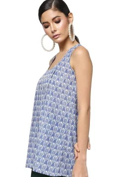 Handloom Block Printed Pure Cotton Tunic in Blue