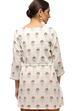 Handloom Block Printed Pure Cotton Tunic in Off White