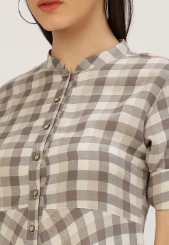 Handloom Cotton Flared Shirt Style Kurta in Brown