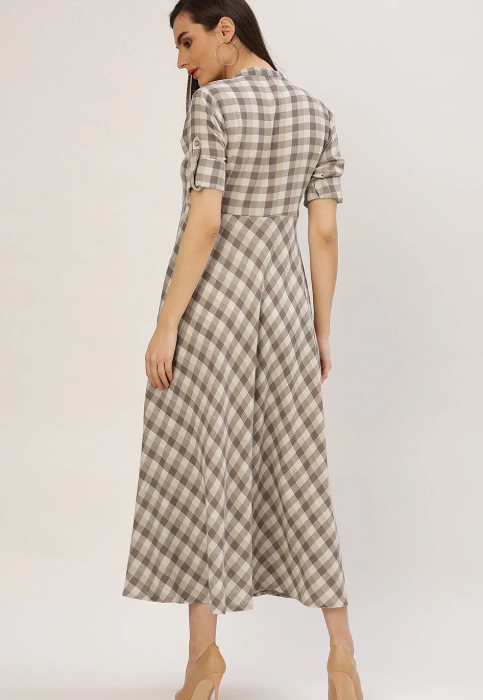 Handloom Cotton Flared Shirt Style Kurta in Brown