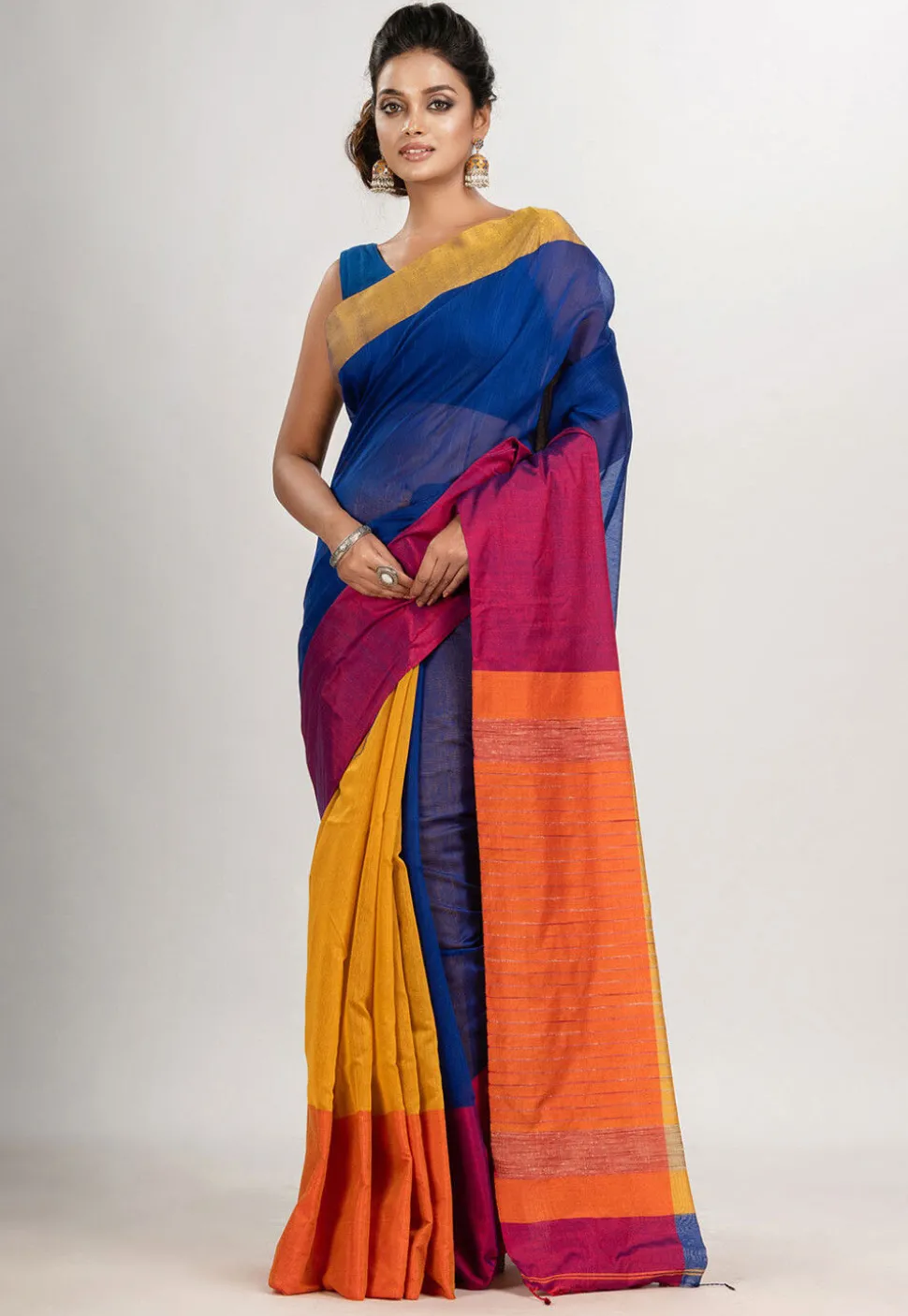 Handloom Cotton Saree in Royal Blue and Yellow