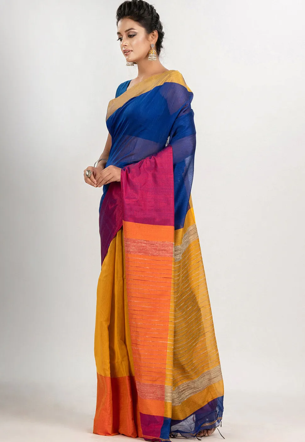 Handloom Cotton Saree in Royal Blue and Yellow