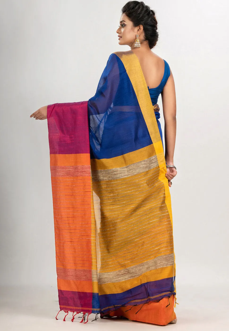 Handloom Cotton Saree in Royal Blue and Yellow