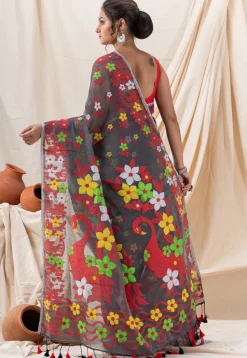Handloom Cotton Saree in Dark Grey