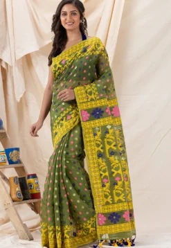 Handloom Cotton Saree in Olive Green