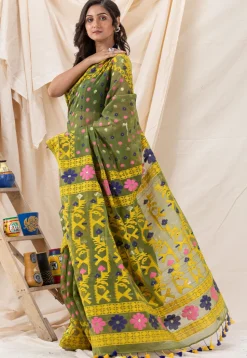 Handloom Cotton Saree in Olive Green