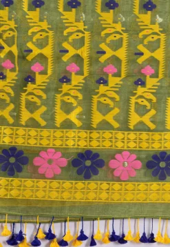 Handloom Cotton Saree in Olive Green