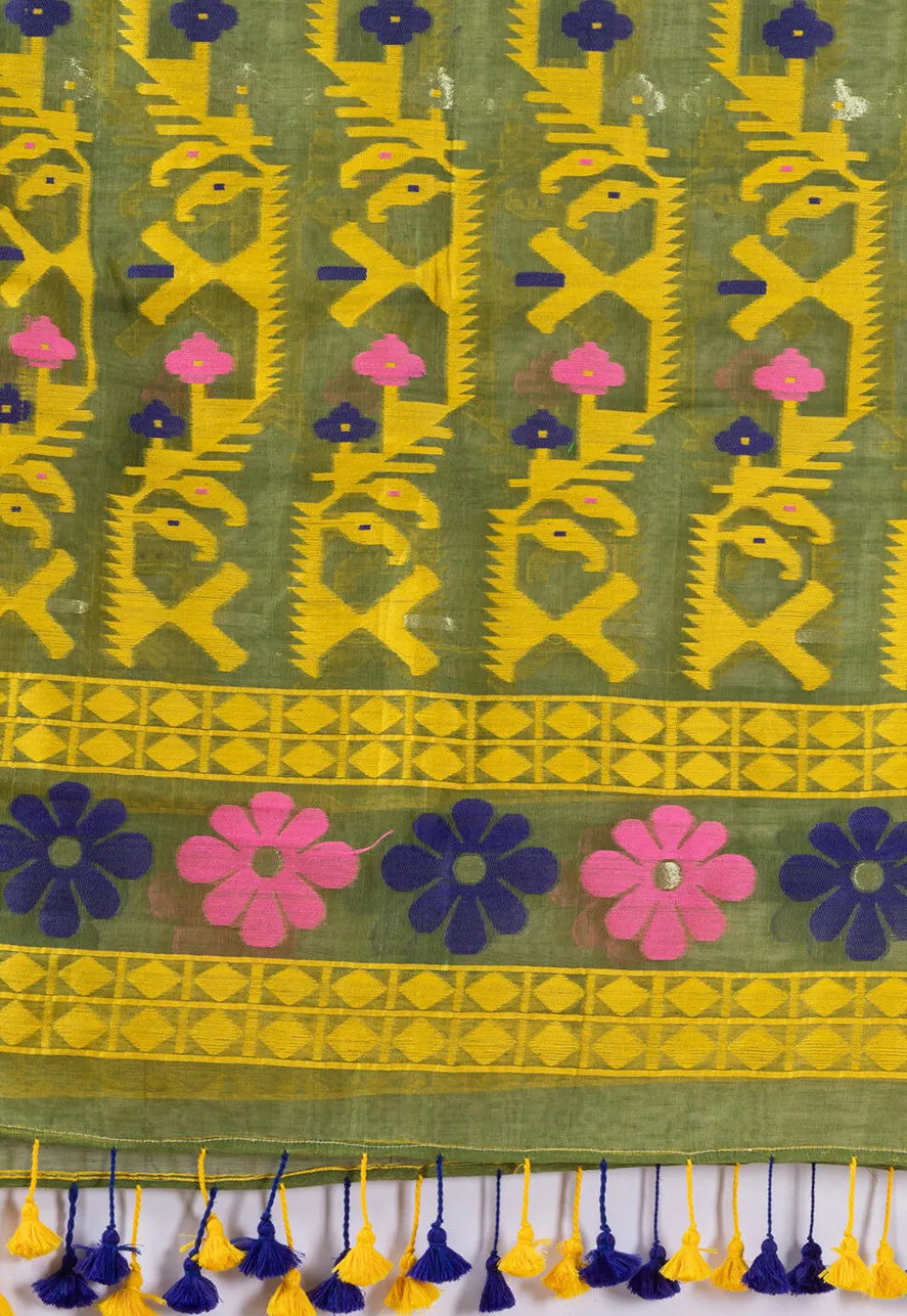 Handloom Cotton Saree in Olive Green