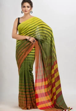 Handloom Cotton Saree in Dark Olive Green