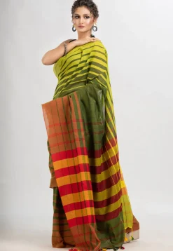 Handloom Cotton Saree in Dark Olive Green