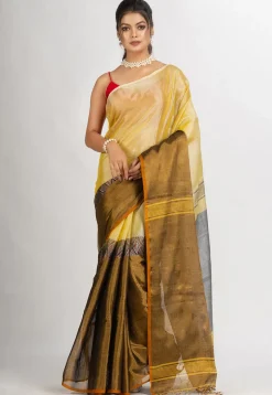 Handloom Cotton Saree in Yellow and Dark Beige