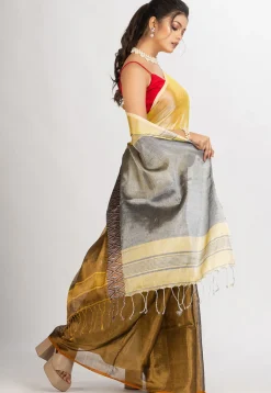 Handloom Cotton Saree in Yellow and Dark Beige